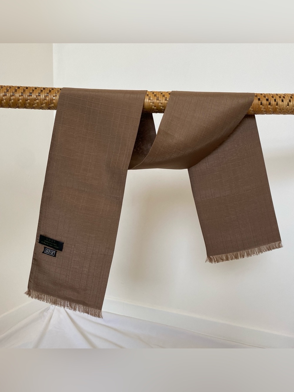 Vintage 100% Silk Scarf Made in France - Brown Textured Silk Fringe